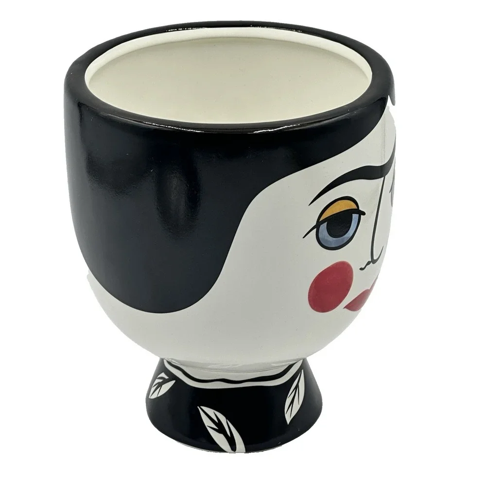 Hand Painted Face Planter Modern Art Ceramic Vase Black White Red Lips Decor